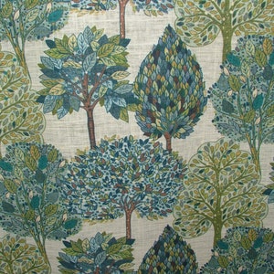 Foliage Fall Trees Teal Linen Blend Curtain Upholstery Cushion Blind Fabric