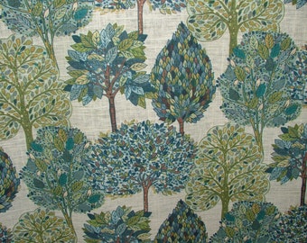 Foliage Fall Trees Teal Linen Blend Curtain Upholstery Cushion Blind Fabric