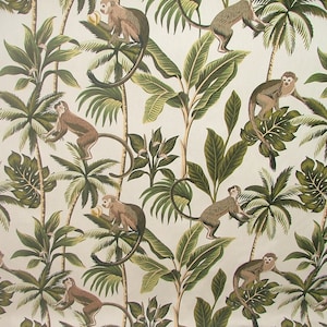 Natural - Fryetts Tropical Monkey Botanical 100% Cotton Curtain Upholstery Cushion Blind Fabric