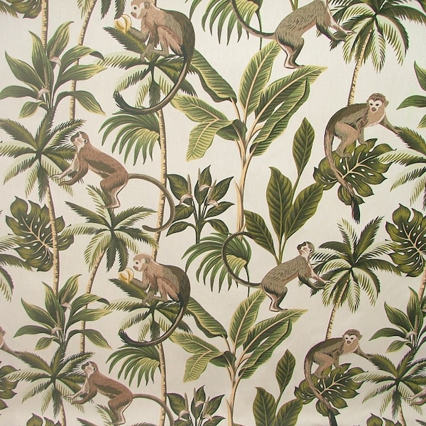Natural - Fryetts Tropical Monkey Botanical 100% Cotton Curtain Upholstery Cushion Blind Fabric