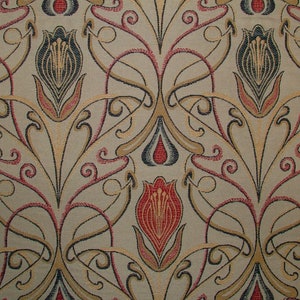 Art Nouveau Tulip Red And Blue Jacquard Curtain Upholstery Cushion Multi Use Fabric