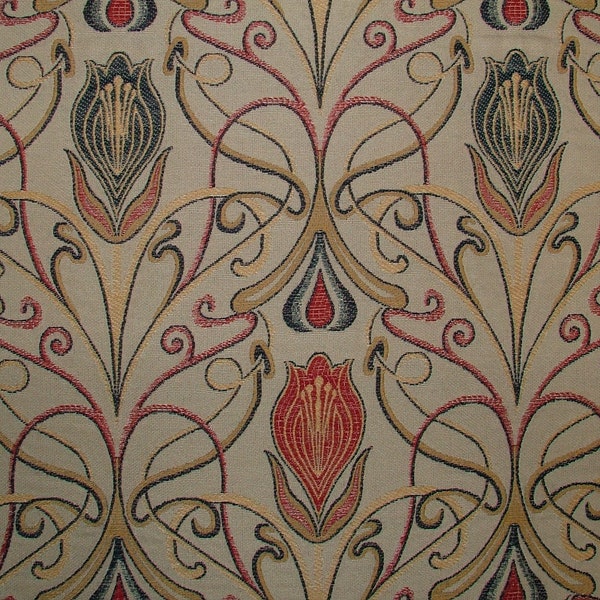 Tissu multiusage Art nouveau pour rideaux jacquard rouge et bleu tulipe