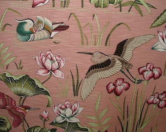 Japanese Water Lily & Birds Pink Linen Blend Curtain Upholstery Cushion Fabric