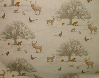 Fryetts "Tatton Autumn" Woodland Fox Stag Deer Scene Cotton Curtain Fabric