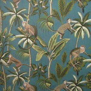 Teal - Fryetts Tropical Monkey Botanical 100% Cotton Curtain Upholstery Cushion Blind Fabric