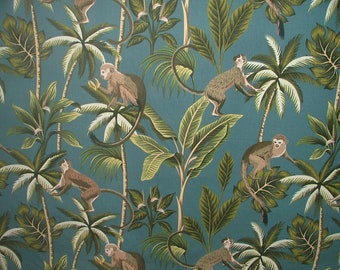 Teal - Fryetts Tropical Monkey Botanical 100% Cotton Curtain Upholstery Cushion Blind Fabric