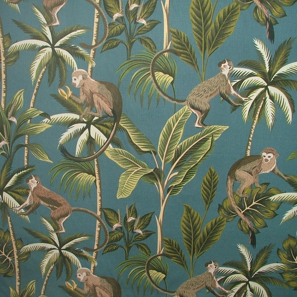 Teal - Fryetts Tropical Monkey Botanical 100% Cotton Curtain Upholstery Cushion Blind Fabric