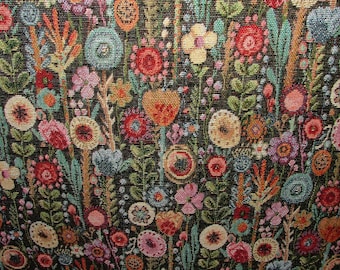 Cottage Garden Floral Black Tapestry Fabric Curtain Upholstery Cushion Throws