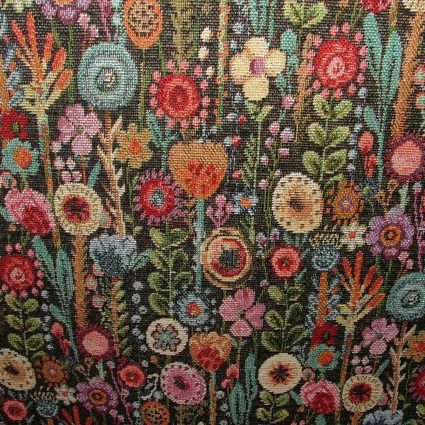 Cottage Garden Floral Black Tapestry Fabric Curtain Upholstery Cushion Throws