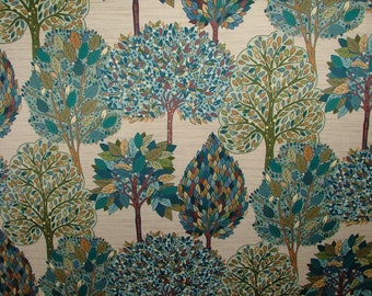 Foliage Fall Tree Teal Velvet Designer Fabric Curtain Upholstery Cushion