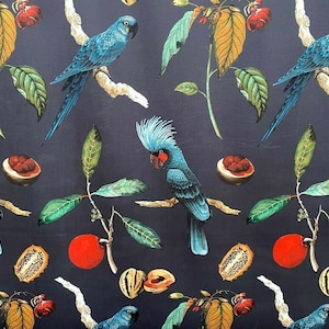 Cockatoo Ink Blue Plush Velvet Parrot Bird Fabric Curtain Upholstery Cushion