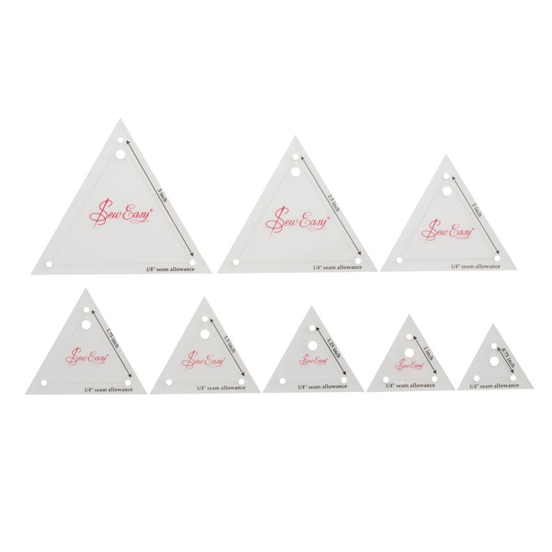 May include: Set of eight white plastic triangle quilting rulers with a red "Sew Easy" logo and measurements in inches. The rulers are for 1/4 inch seam allowance.