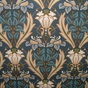 Art Nouveau Acanthus Navy Blue Cotton Curtain Upholstery Cushion Blind Fabric