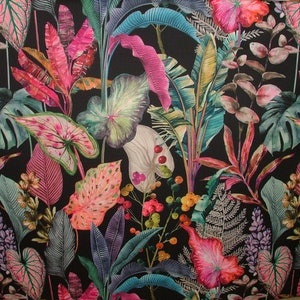 Black Tropical Palms Plants Botanical Velvet Fabric Curtain Upholstery Cushion