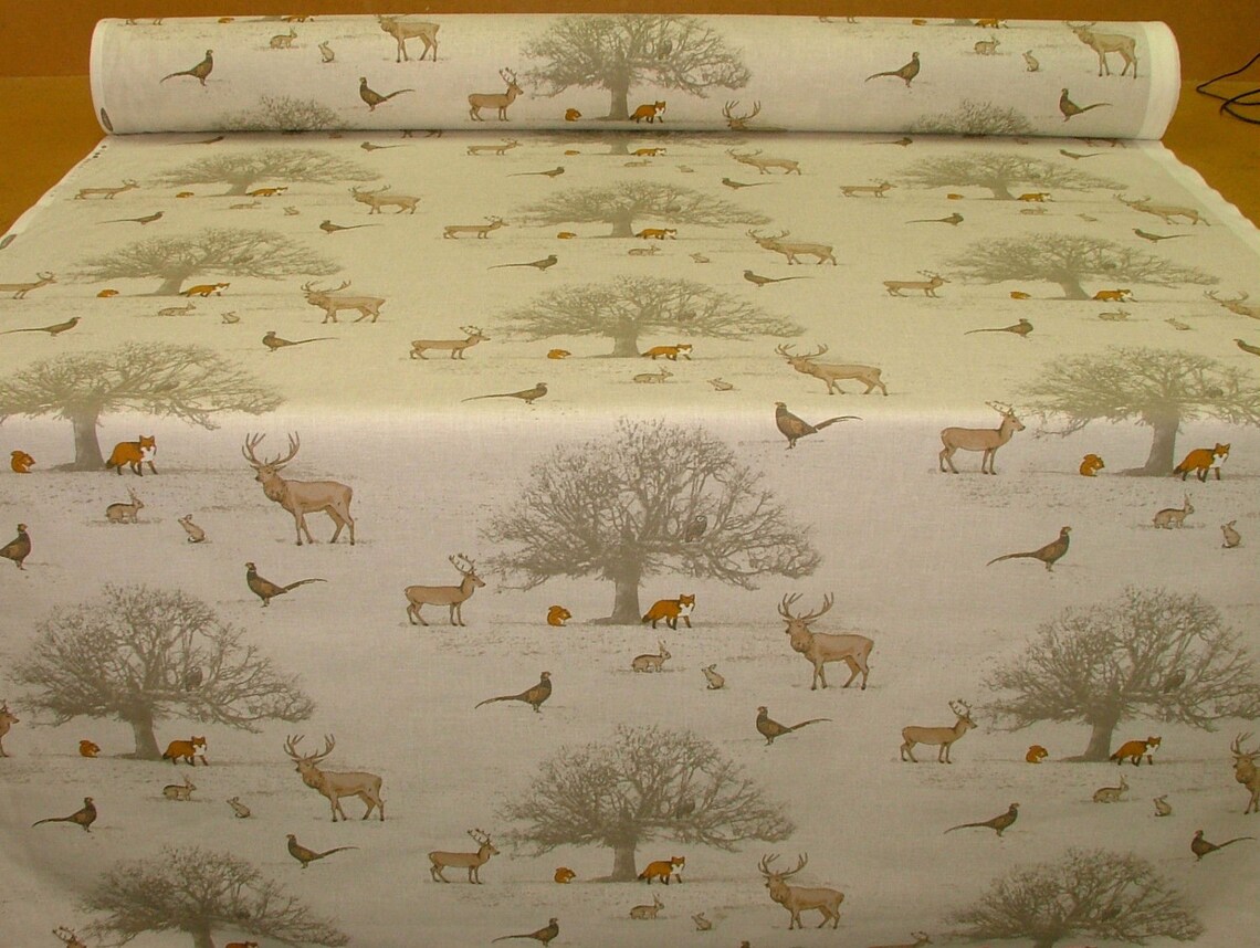 Tissu Coton Imprimé Scène Automne Renard Cerf - 46-59" De Large, Pour Rideaux, Coussins