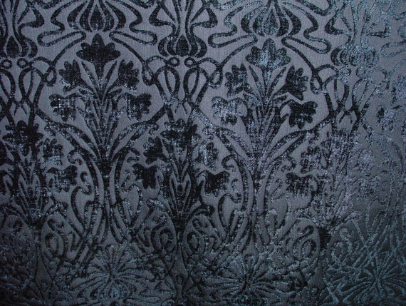 Art Nouveau Indigo Blue Thick Chenille Fabric Curtain