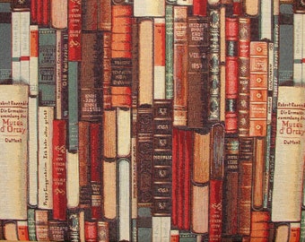 May include: A close-up of a tapestry featuring a repeating pattern of books with various titles and colors. The books are arranged in a vertical stack, creating a sense of depth and texture. The tapestry is a rich brown color with hints of red, blue, and green.