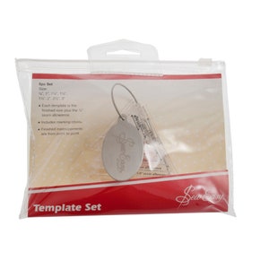 May include: A clear plastic bag containing a set of eight sewing templates. The templates are labeled with sizes in inches, including 1/4 inch, 1 inch, 1 1/2 inch, 1 1/4 inch, 2 inches, 2 1/4 inches, and 3 inches. The bag also includes a silver metal tag with the words "Sew Easy" engraved on it. The bag is labeled "Template Set" and "Sew Easy".