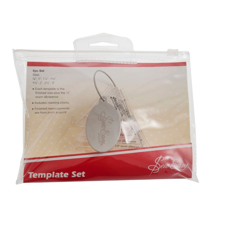 May include: A clear plastic bag containing a set of eight sewing templates. The templates are labeled with sizes in inches, including 1/4 inch, 1 inch, 1 1/2 inch, 1 1/4 inch, 2 inches, 2 1/4 inches, and 3 inches. The bag also includes a silver metal tag with the words "Sew Easy" engraved on it. The bag is labeled "Template Set" and "Sew Easy".