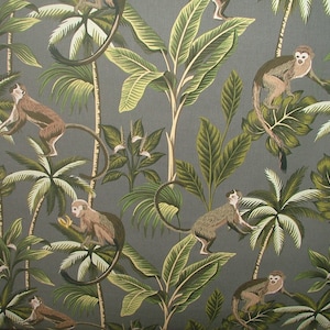 Grey - Fryetts Tropical Monkey Botanical 100% Cotton Curtain Upholstery Cushion Blind Fabric