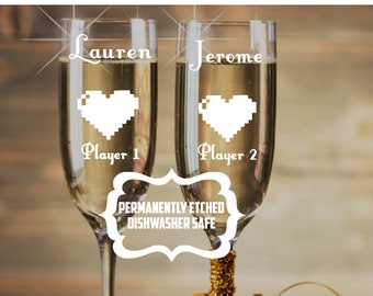 Player 1 2 Champagne Gl Nerd Wedding Gift Geek 8 Bit Retro Gaming Custom