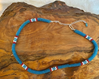 Vintage Navajo Seed Bead Rope Necklace in Blue Red and White