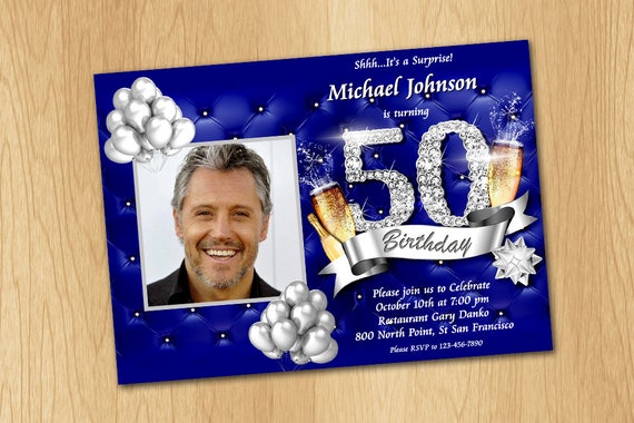 50th birthday invitation royal blue and silver invitation etsy