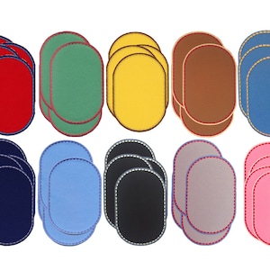 Peut inclure: Dix ensembles de patchs en tissu de forme ovale dans différentes couleurs, notamment rouge, vert, jaune, marron, bleu, bleu clair, noir, gris et rose. Chaque ensemble se compose de trois patchs, les deux patchs du haut étant légèrement plus grands que le patch du bas.