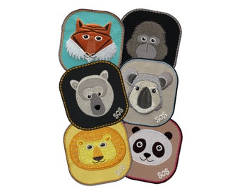 Six SOS animal embroidered patches | Lili Lioness | Panda Pauline | Gorilla Gerhard | Tiger Thomas | Polar bear Pablo | Koala Kiki