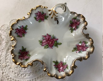 Vintage Leaf Shaped Floral Candy Dish with Pink Flowers Free Shipping Collectible Antique Nut Dishes MCM Floral