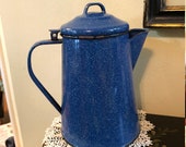 Vintage Stove Top Perculator Coffee Pot Blue Speckle Enamel Ware Free Shipping Camping Farmhouse Country Kitchen Decor