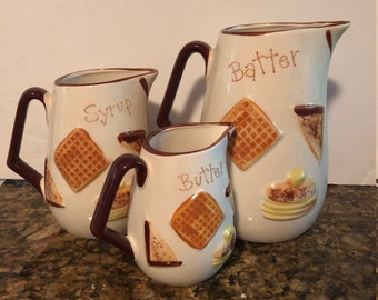 3 Piece Vintage Pancake and Waffle Syrup Batter Butter Serving Set Napcoware Pitchers Free Shipping Country Kitchen Farmhouse Decor MCM