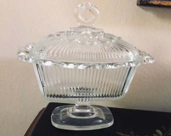Vintage Open Lace Clear Indiana Glass Rectangle Candy Dish Pedestal With Lid Free Shipping