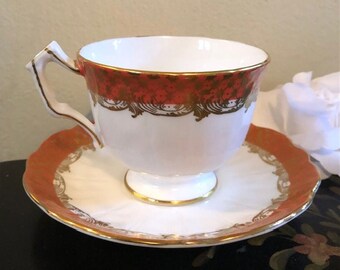 Aynsley England Vintage Gold Orange Tea Cup Saucer Plate Set Fine Bone China