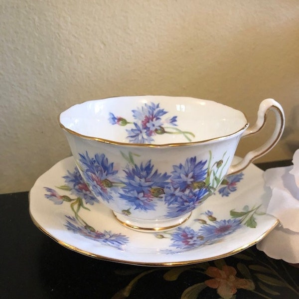 Vintage Adderley Fine Bone China Teacup Saucer Set with Blue Flowers England Dainty Floral English Fancy Free Shipping