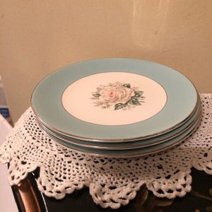 Set of 3 Vintage Baroness Century Service Salad Plates Pink White Rose Aqua Blue Border Free Shipping Dish Replacements Luncheon image 1