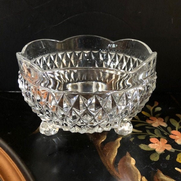 Vintage Cut Glass Diamond Point Three Footed Nut Candy Bowl Free Shipping Dish Dishes