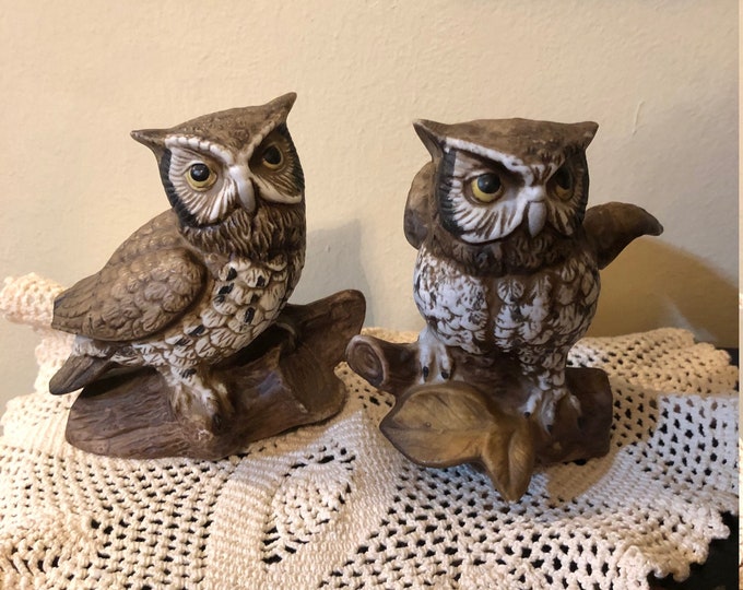 Vintage 1970/'s Homco Pair of Great Horned Owl Porcelain Figurines # 1114 Free Shipping