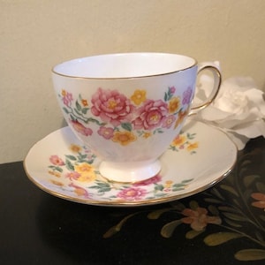 Vintage Pink and Yellow Flowers Queen Anne Floral Tea Cup and Saucer Set Free Shipping