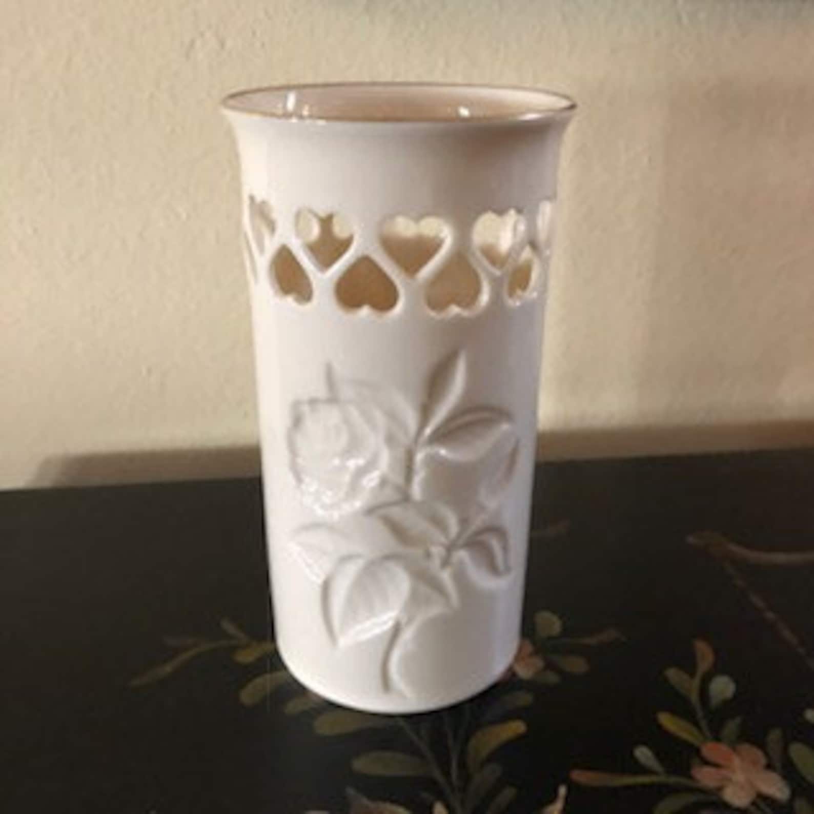 Lenox Vase With Rose Design and Cut Out Hearts Reticulated Etsy