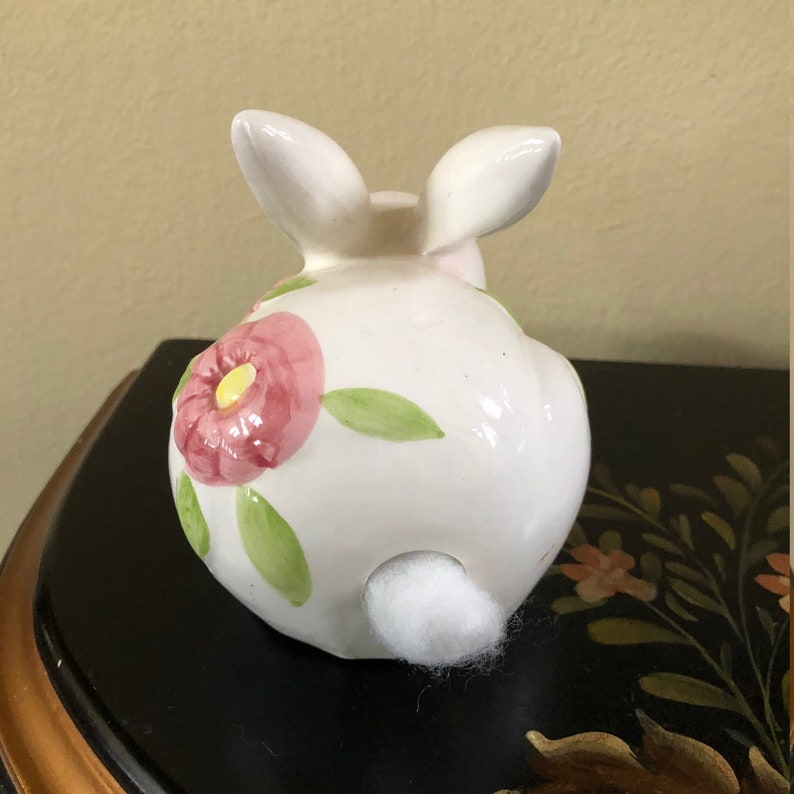 Ceramic White Cute Bunny Figurine Rabbit Cotton Ball Holder with Pink Flowers Free Shipping