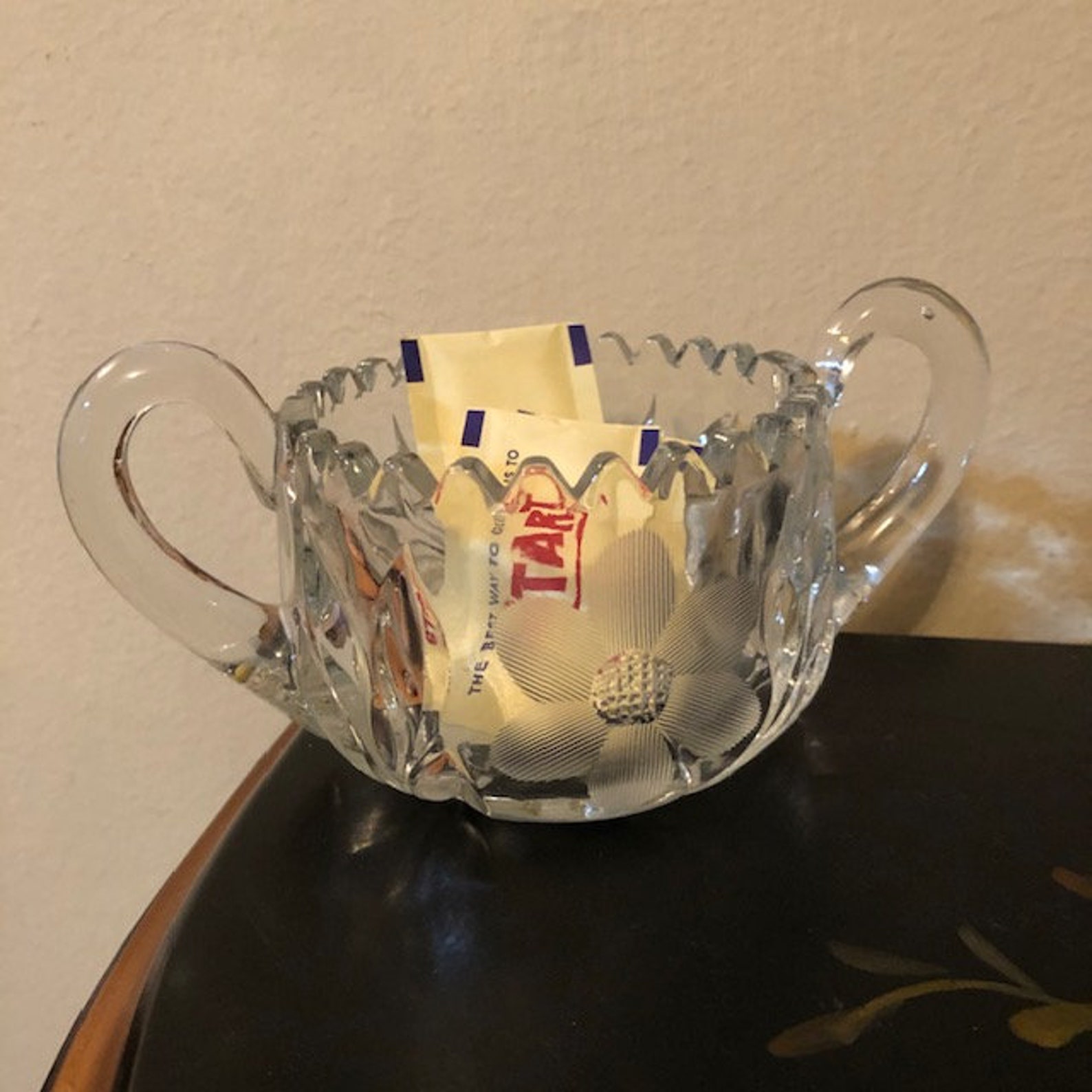 Vintage Lead Crystal Etched Glass Sugar Bowl With Handles Free Etsy