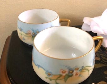Set of 2 Hand Painted Forget Me Knot Tea Cups with Gold Handles Free Shipping Teacup