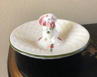 Vintage 1982 Avon Hand Painted Weiss Porcelain Round Trinket or Candy Dish with Bunny Rabbit Free Shipping Easter Decor Floral Dresser