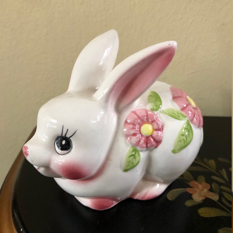 Ceramic White Cute Bunny Figurine Rabbit Cotton Ball Holder with Pink Flowers Free Shipping
