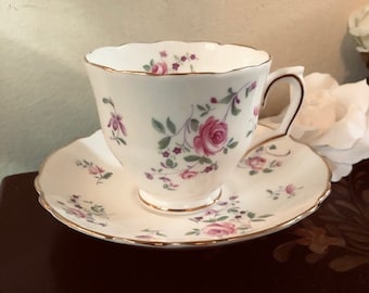 Vintage Crown Staffordshire Floral with Pink Roses Tea Cup and Saucer Set Free Shipping England English Fine Bone China