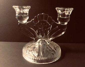 Vintage Double Clear Glass Candle Holders Home Decor Candlesticks Table Decor Candelabra Centerpiece MCM