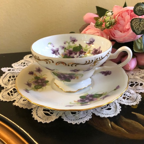 Vintage SAJI Fancy China Teacup and Saucer Purple Violets