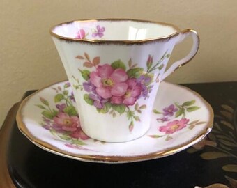 Vintage Mayfair England Tea Cup and Saucer with Pink Flowers and Purple Violets Free Shipping  Bone China England