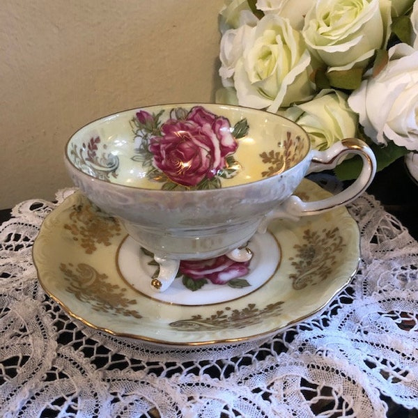 Royal Halsey Yellow Lustre Footed Tea Cup and Saucer Pink Roses Free Shipping Iridescent Lusterware Fancy Fine China Teacup